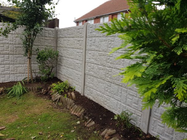 Textured grey garden wall with a small tree and shrubs in a grassy area.