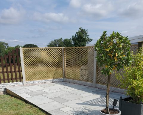 A garden patio with a wooden fence, lattice panels, and potted trees under a cloudy sky.